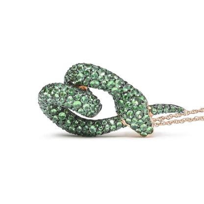 18k Rose Gold Round Green Tsavorite Gemstone Cluster Spiral Snake Design 18’’ Pendant Necklace (aaa + Quality)