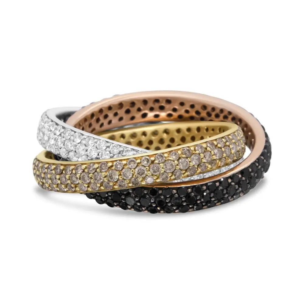 18k Tri-color Gold 3 5/8 Cttw Diamond Interlocking Stackable Band Ring Set (champagne Black and F-g Color Vs1-vs2