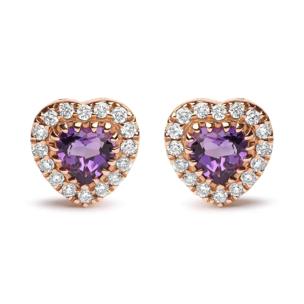 18k White and Rose Gold 1/6 Cttw Diamond 4mm Heart Cut Purple Amethyst Gemstone Halo Stud Earrings (g-h Color Si1-si2