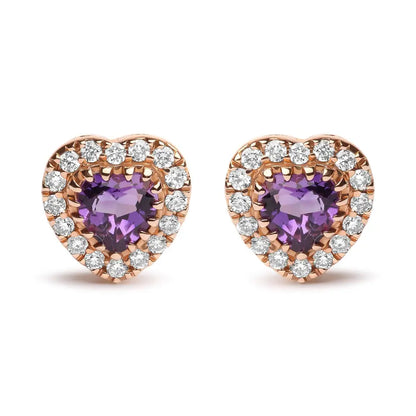 18k White and Rose Gold 1/6 Cttw Diamond 4mm Heart Cut Purple Amethyst Gemstone Halo Stud Earrings (g-h Color Si1-si2