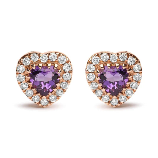 18k White and Rose Gold 1/6 Cttw Diamond 4mm Heart Cut Purple Amethyst Gemstone Halo Stud Earrings (g-h Color Si1-si2