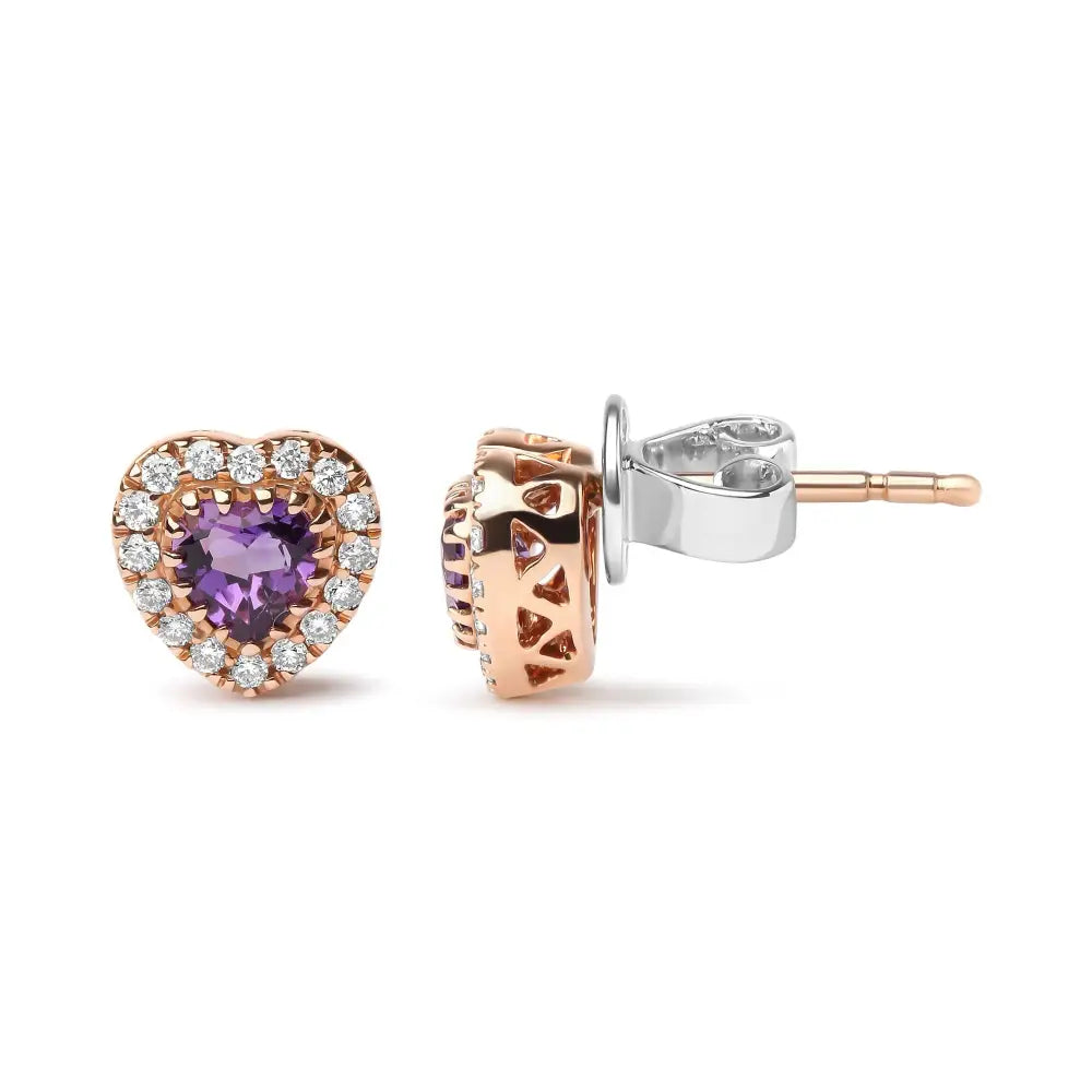 18k White and Rose Gold 1/6 Cttw Diamond 4mm Heart Cut Purple Amethyst Gemstone Halo Stud Earrings (g-h Color Si1-si2