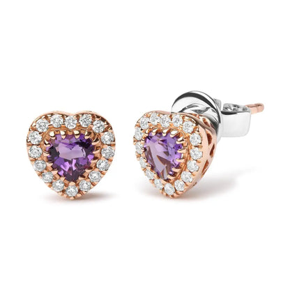 18k White and Rose Gold 1/6 Cttw Diamond 4mm Heart Cut Purple Amethyst Gemstone Halo Stud Earrings (g-h Color Si1-si2