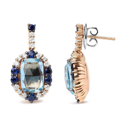 18k White and Rose Gold 3/4 Cttw Diamond with Round Blue Sapphire 13x8mm Cushion Cut Sky Topaz Gemstone Cluster Dangle