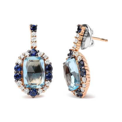 18k White and Rose Gold 3/4 Cttw Diamond with Round Blue Sapphire 13x8mm Cushion Cut Sky Topaz Gemstone Cluster Dangle