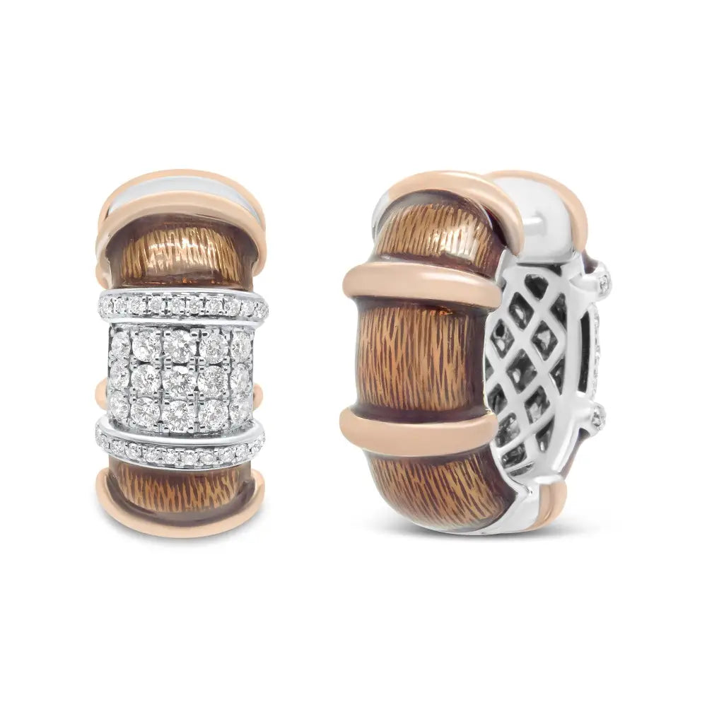 18k White and Rose Gold Flash Plated.925 Sterling Silver Clear Brown Enamel 1/6 Cttw Round Diamond Huggie Hoop Earrings