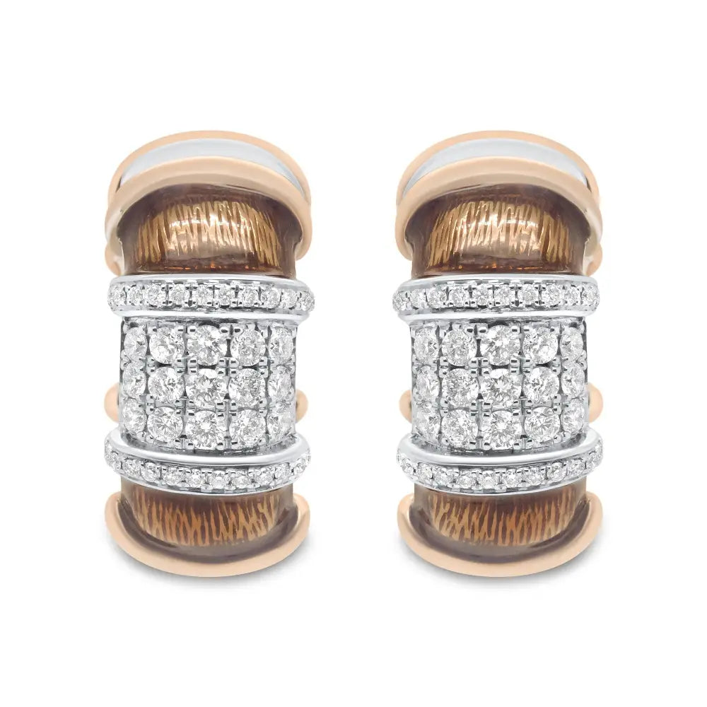 18k White and Rose Gold Flash Plated.925 Sterling Silver Clear Brown Enamel 1/6 Cttw Round Diamond Huggie Hoop Earrings