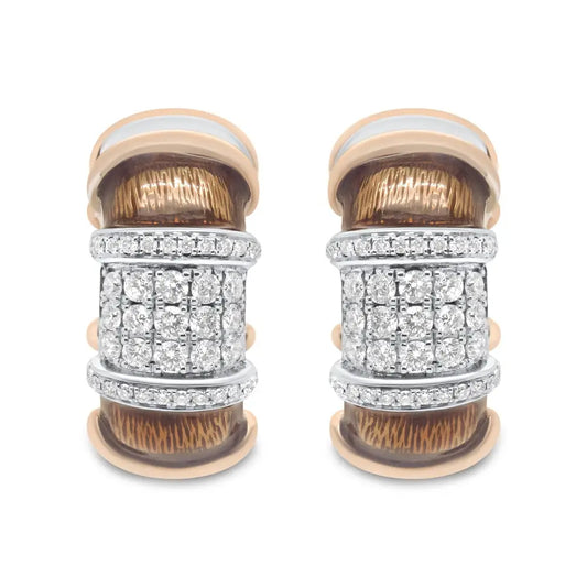 18k White and Rose Gold Flash Plated.925 Sterling Silver Clear Brown Enamel 1/6 Cttw Round Diamond Huggie Hoop Earrings