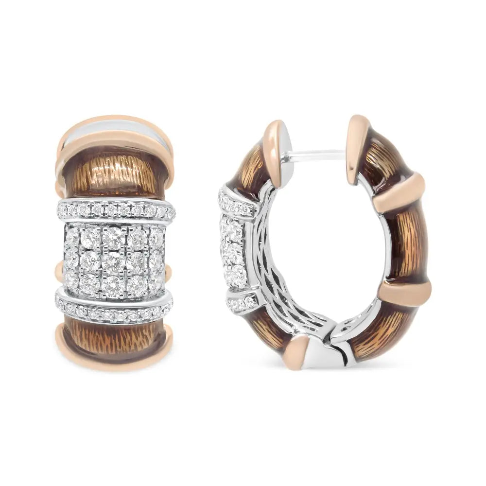 18k White and Rose Gold Flash Plated.925 Sterling Silver Clear Brown Enamel 1/6 Cttw Round Diamond Huggie Hoop Earrings