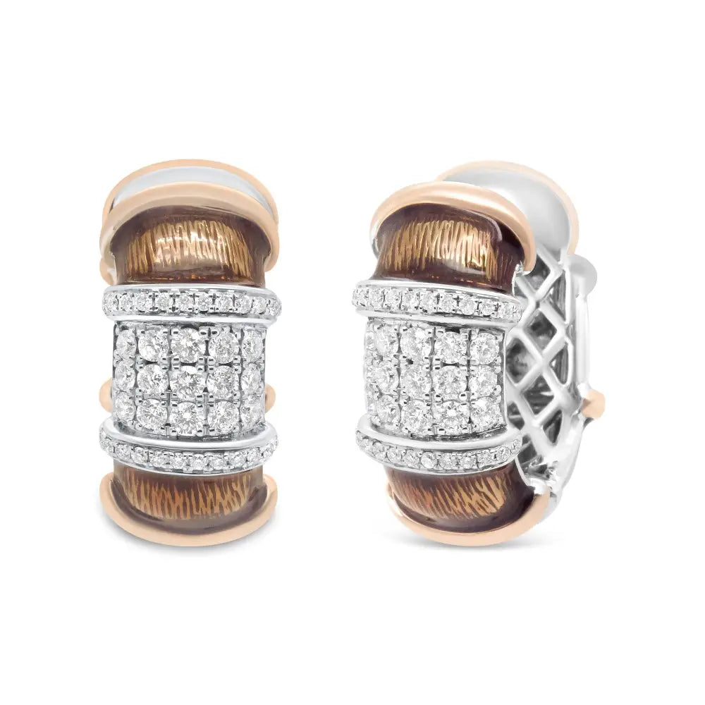 18k White and Rose Gold Flash Plated.925 Sterling Silver Clear Brown Enamel 1/6 Cttw Round Diamond Huggie Hoop Earrings