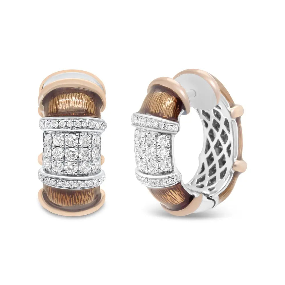 18k White and Rose Gold Flash Plated.925 Sterling Silver Clear Brown Enamel 1/6 Cttw Round Diamond Huggie Hoop Earrings