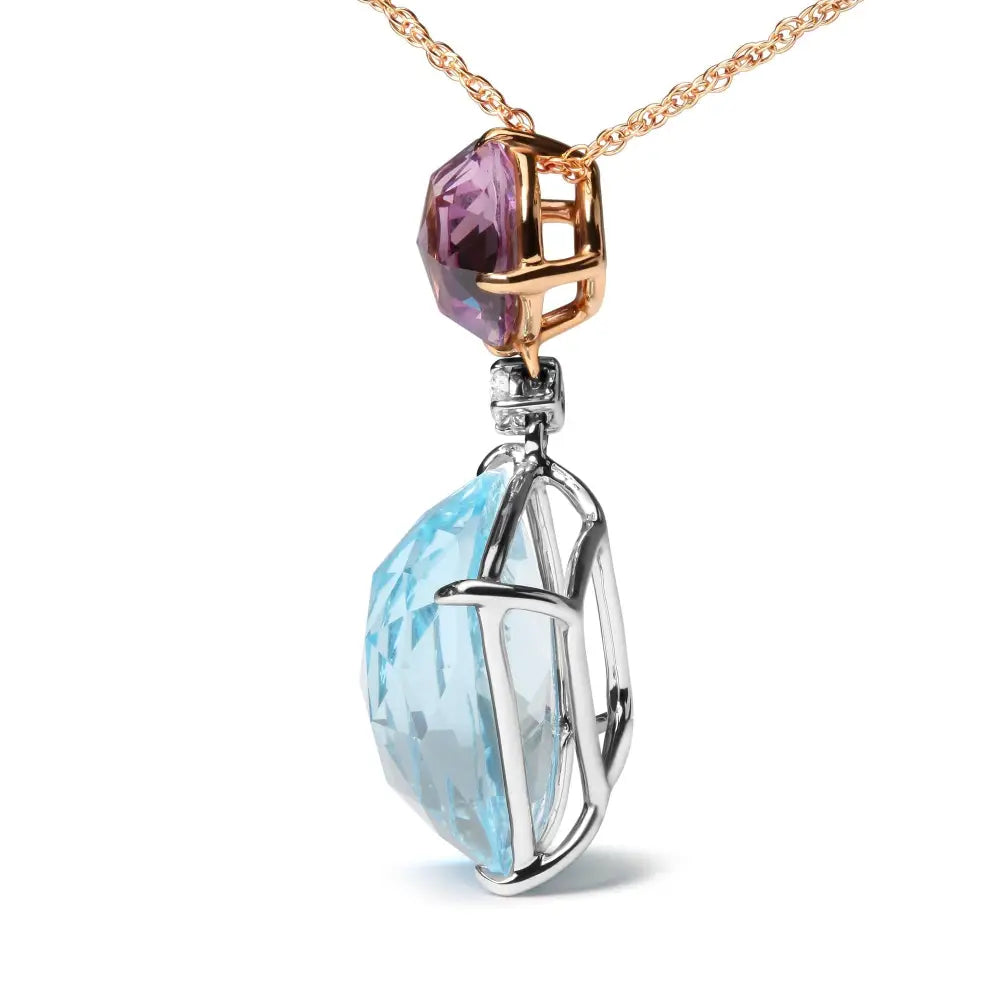 18k White and Rose Gold Round Diamond Accent De France Pink Amethyst Cushion Cut Sky Blue Topaz Dangle Drop 18’’