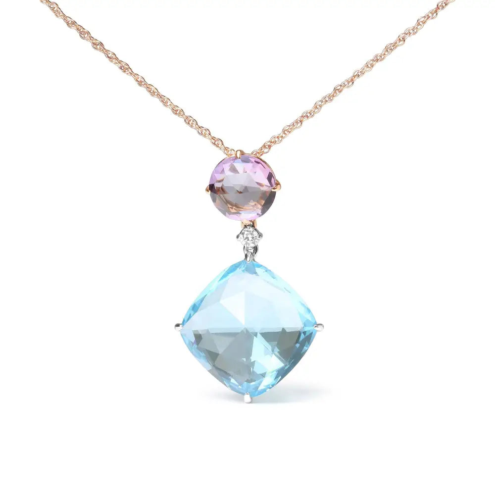 18k White and Rose Gold Round Diamond Accent De France Pink Amethyst Cushion Cut Sky Blue Topaz Dangle Drop 18’’