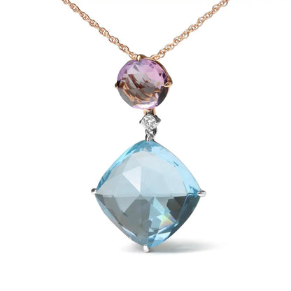 18k White and Rose Gold Round Diamond Accent De France Pink Amethyst Cushion Cut Sky Blue Topaz Dangle Drop 18’’