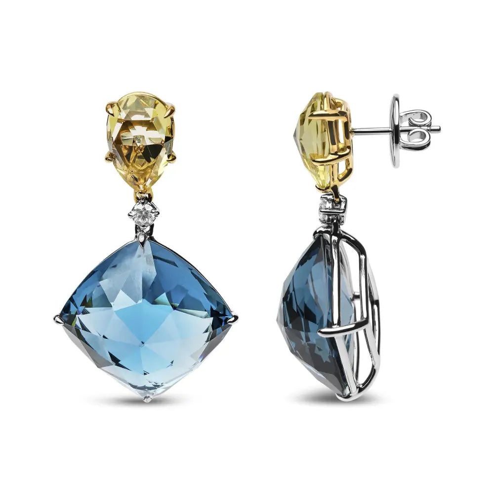 18k White and Yellow Gold 1/5 Cttw Diamond with Pear Cut Lemon Quartz Cushion London Blue Topaz Gemstone Dangle Earring