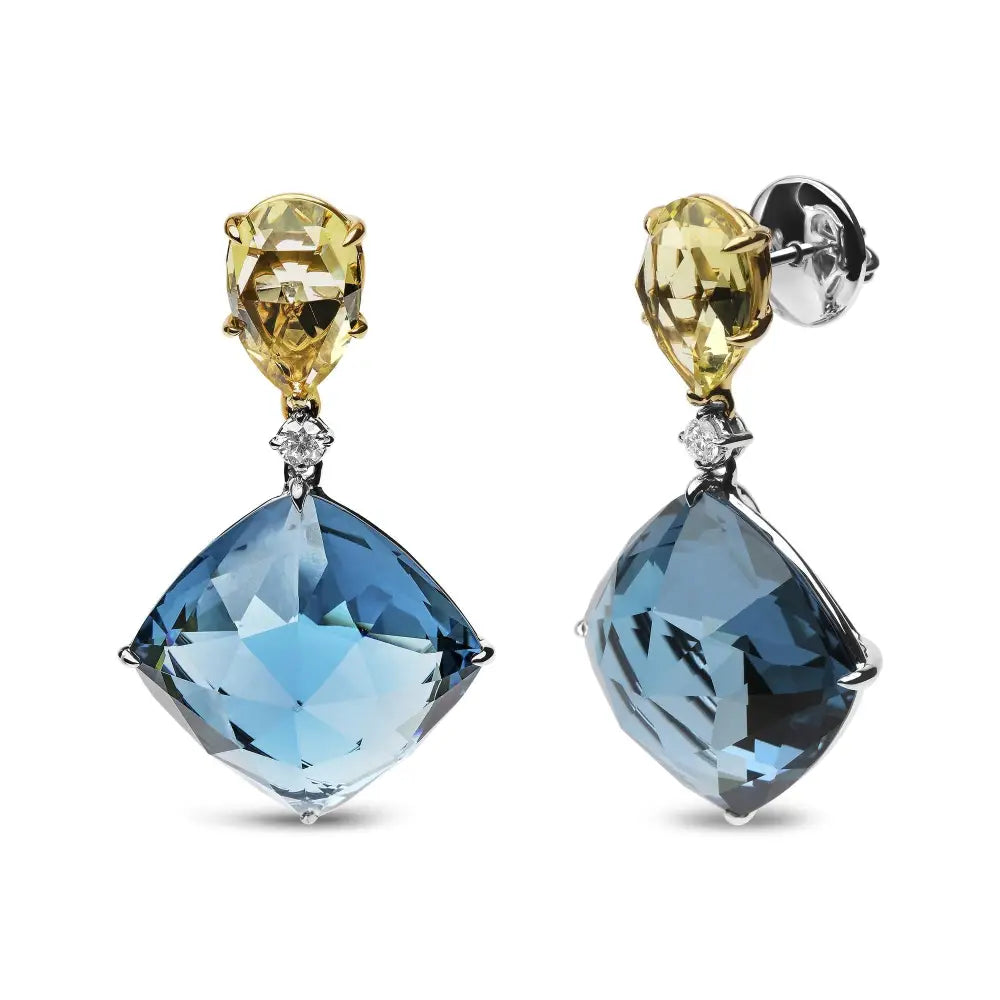 18k White and Yellow Gold 1/5 Cttw Diamond with Pear Cut Lemon Quartz Cushion London Blue Topaz Gemstone Dangle Earring