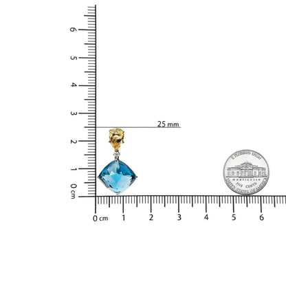 18k White and Yellow Gold 1/5 Cttw Diamond with Pear Cut Lemon Quartz Cushion London Blue Topaz Gemstone Dangle Earring