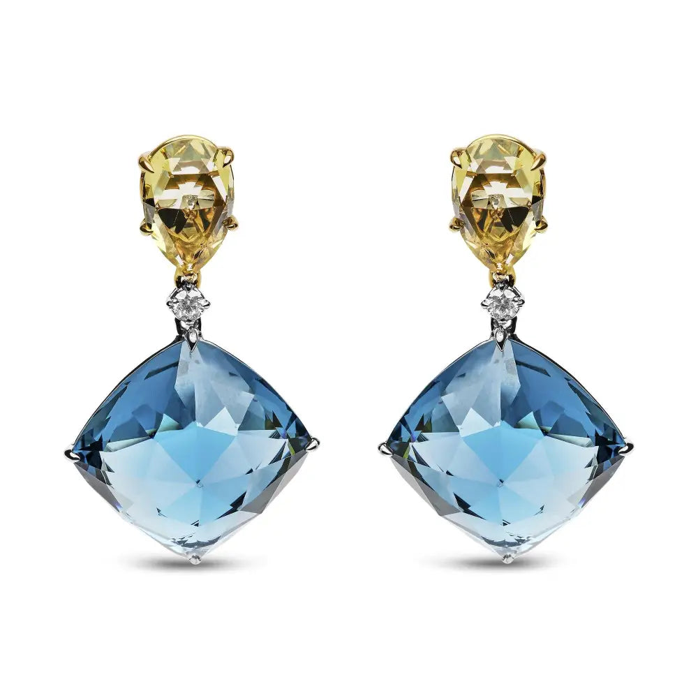 18k White and Yellow Gold 1/5 Cttw Diamond with Pear Cut Lemon Quartz Cushion London Blue Topaz Gemstone Dangle Earring