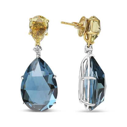 18k White and Yellow Gold 1/5 Cttw Diamond with Pear Cut Lemon Quartz London Blue Topaz Gemstone Dangle Earring (g-h