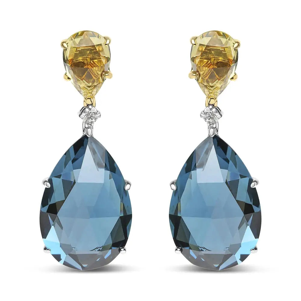 18k White and Yellow Gold 1/5 Cttw Diamond with Pear Cut Lemon Quartz London Blue Topaz Gemstone Dangle Earring (g-h