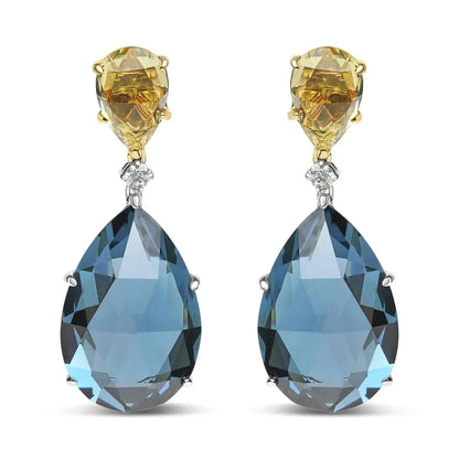 18k White and Yellow Gold 1/5 Cttw Diamond with Pear Cut Lemon Quartz London Blue Topaz Gemstone Dangle Earring (g-h