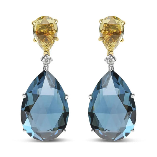 18k White and Yellow Gold 1/5 Cttw Diamond with Pear Cut Lemon Quartz London Blue Topaz Gemstone Dangle Earring (g-h