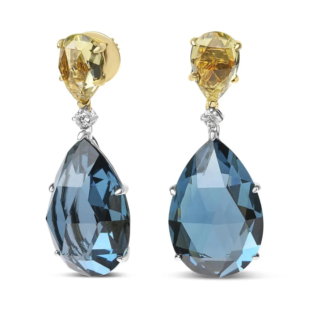 18k White and Yellow Gold 1/5 Cttw Diamond with Pear Cut Lemon Quartz London Blue Topaz Gemstone Dangle Earring (g-h