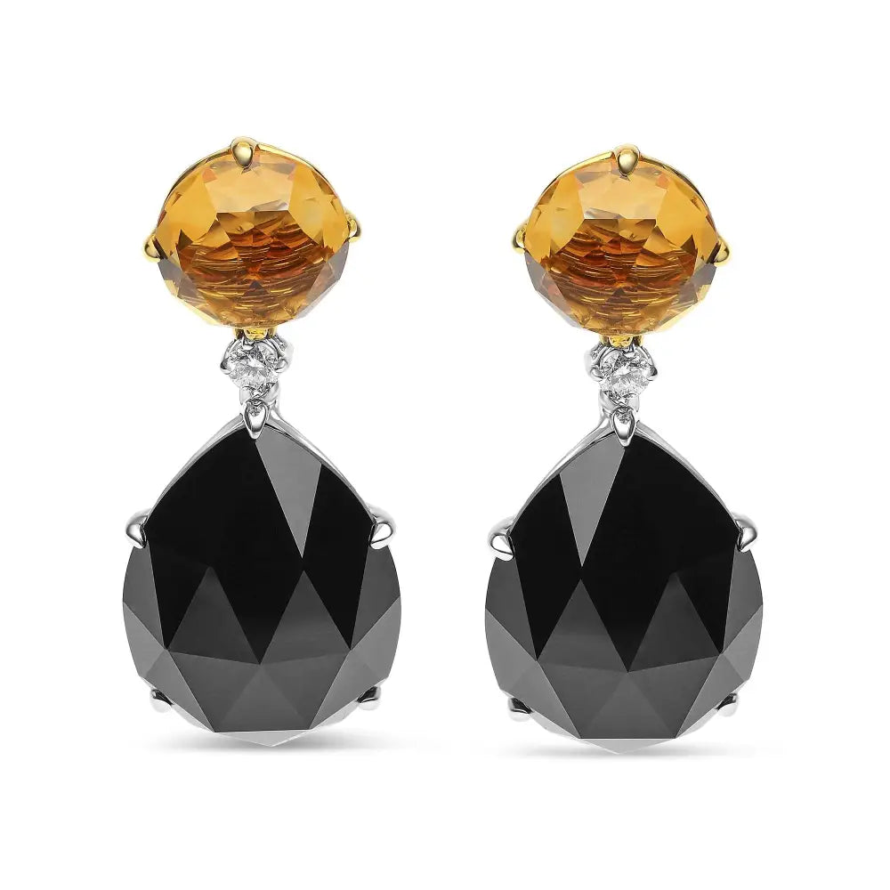 18k White and Yellow Gold 1/5 Cttw Diamond with Round Citrine 20x15mm Pear Cut Black Onyx Gemstone Dangle Earring (g-h