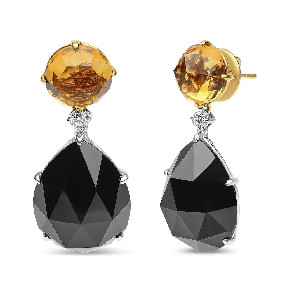 18k White and Yellow Gold 1/5 Cttw Diamond with Round Citrine 20x15mm Pear Cut Black Onyx Gemstone Dangle Earring (g-h