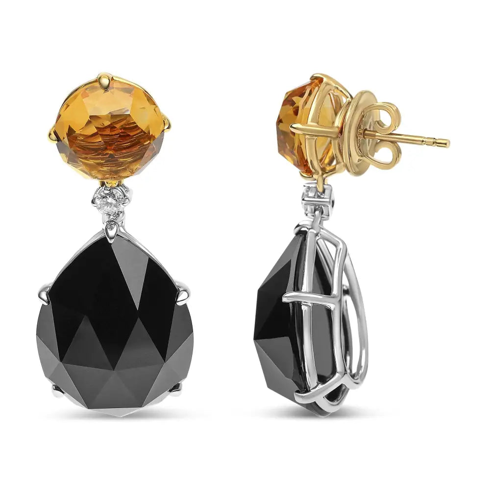 18k White and Yellow Gold 1/5 Cttw Diamond with Round Citrine 20x15mm Pear Cut Black Onyx Gemstone Dangle Earring (g-h