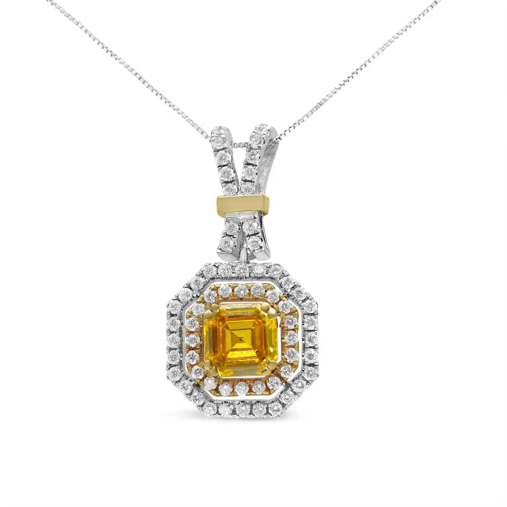 18k White and Yellow Gold 1.75 Cttw Lab Grown Treated Asscher Center Diamond Halo 18’’ Pendant Necklace (yellow/g-h