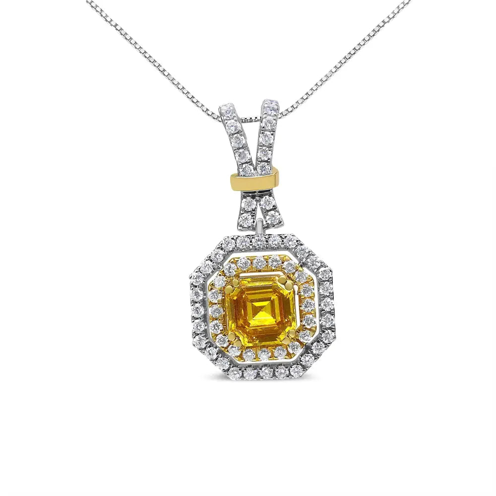 18k White and Yellow Gold 1.75 Cttw Lab Grown Treated Asscher Center Diamond Halo 18’’ Pendant Necklace (yellow/g-h