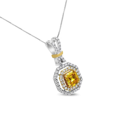 18k White and Yellow Gold 1.75 Cttw Lab Grown Treated Asscher Center Diamond Halo 18’’ Pendant Necklace (yellow/g-h