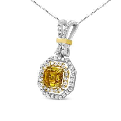 18k White and Yellow Gold 1.75 Cttw Lab Grown Treated Asscher Center Diamond Halo 18’’ Pendant Necklace (yellow/g-h