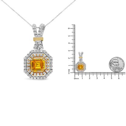 18k White and Yellow Gold 1.75 Cttw Lab Grown Treated Asscher Center Diamond Halo 18’’ Pendant Necklace (yellow/g-h