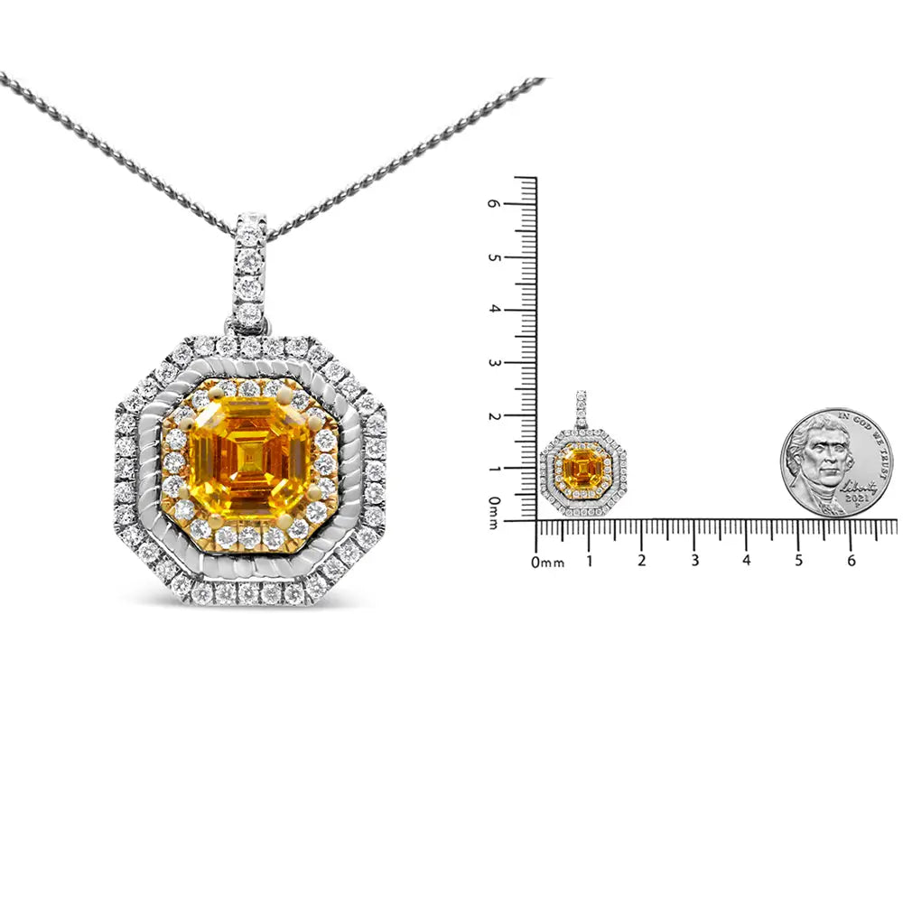 18k White and Yellow Gold 2 1/4 Cttw Lab Grown Asscher Cut Diamond Art Deco Style Halo 18’’ Pendant Necklace