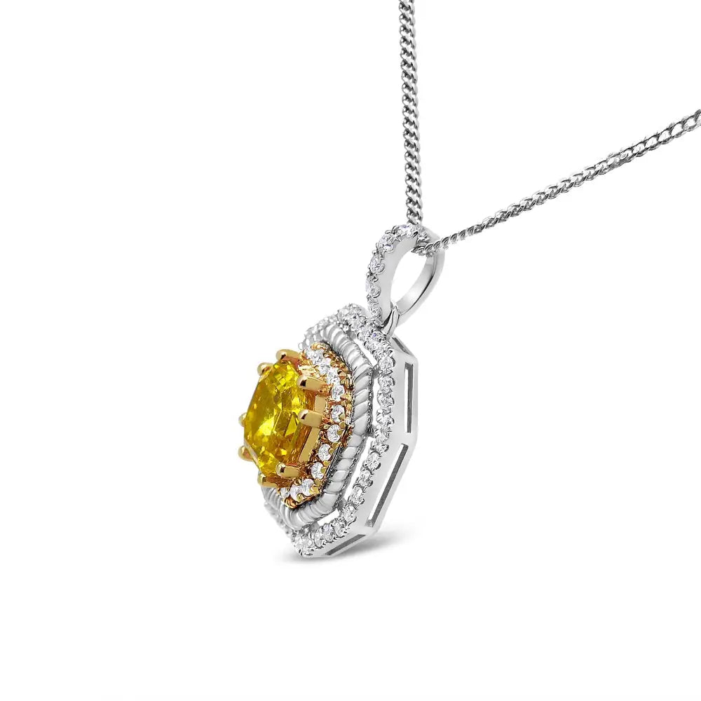 18k White and Yellow Gold 2 1/4 Cttw Lab Grown Asscher Cut Diamond Art Deco Style Halo 18’’ Pendant Necklace