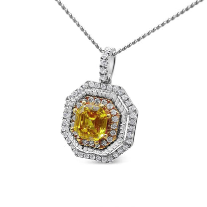 18k White and Yellow Gold 2 1/4 Cttw Lab Grown Asscher Cut Diamond Art Deco Style Halo 18’’ Pendant Necklace