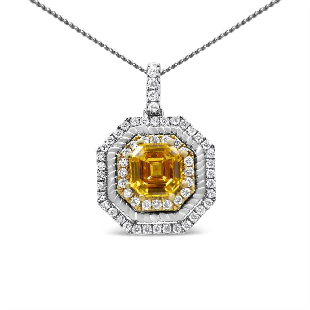 18k White and Yellow Gold 2 1/4 Cttw Lab Grown Asscher Cut Diamond Art Deco Style Halo 18’’ Pendant Necklace