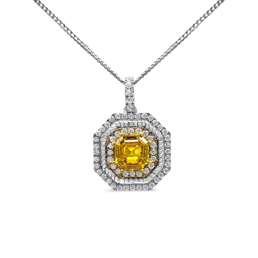 18k White and Yellow Gold 2 1/4 Cttw Lab Grown Asscher Cut Diamond Art Deco Style Halo 18’’ Pendant Necklace