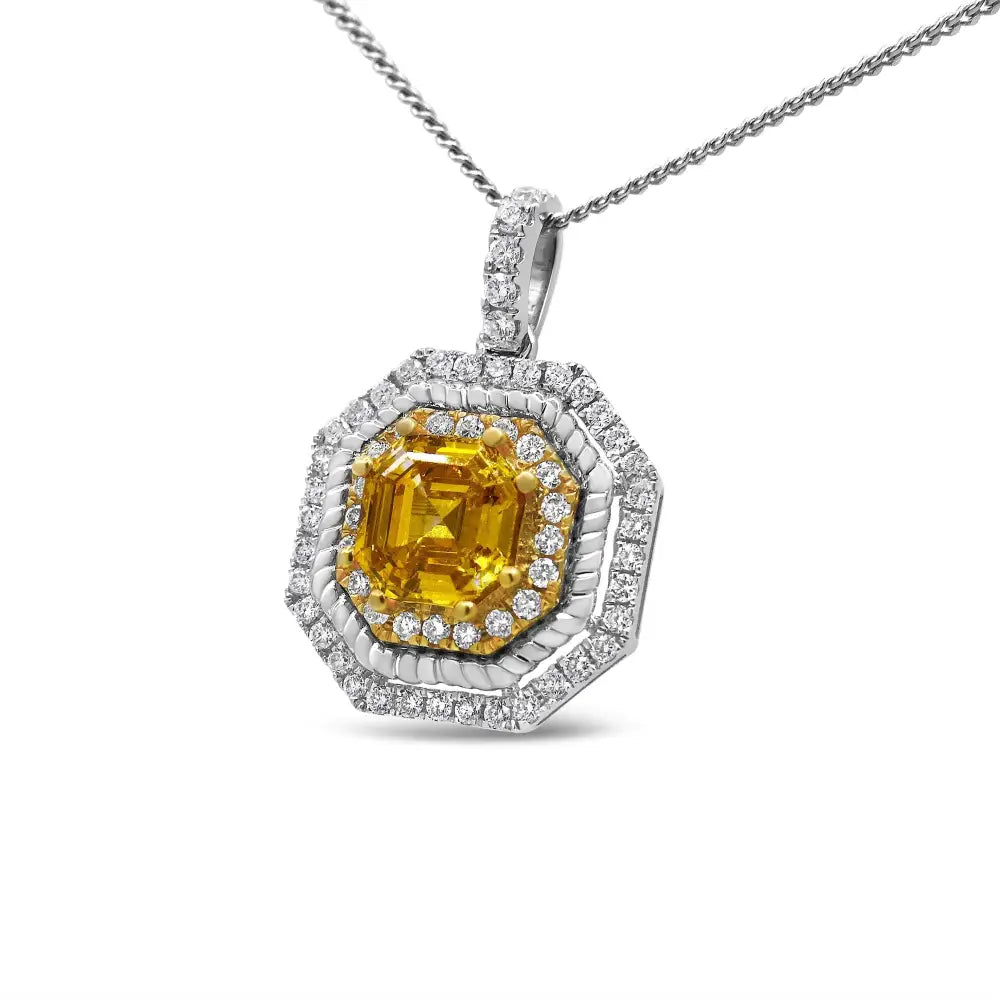 18k White and Yellow Gold 2 1/4 Cttw Lab Grown Asscher Cut Diamond Art Deco Style Halo 18’’ Pendant Necklace