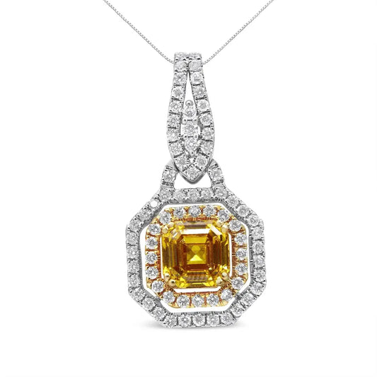 18k White and Yellow Gold 2 3/5 Cttw Lab Grown Asscher Diamond Double Framed Halo 18’’ Pendant Necklace (yellow/g-h