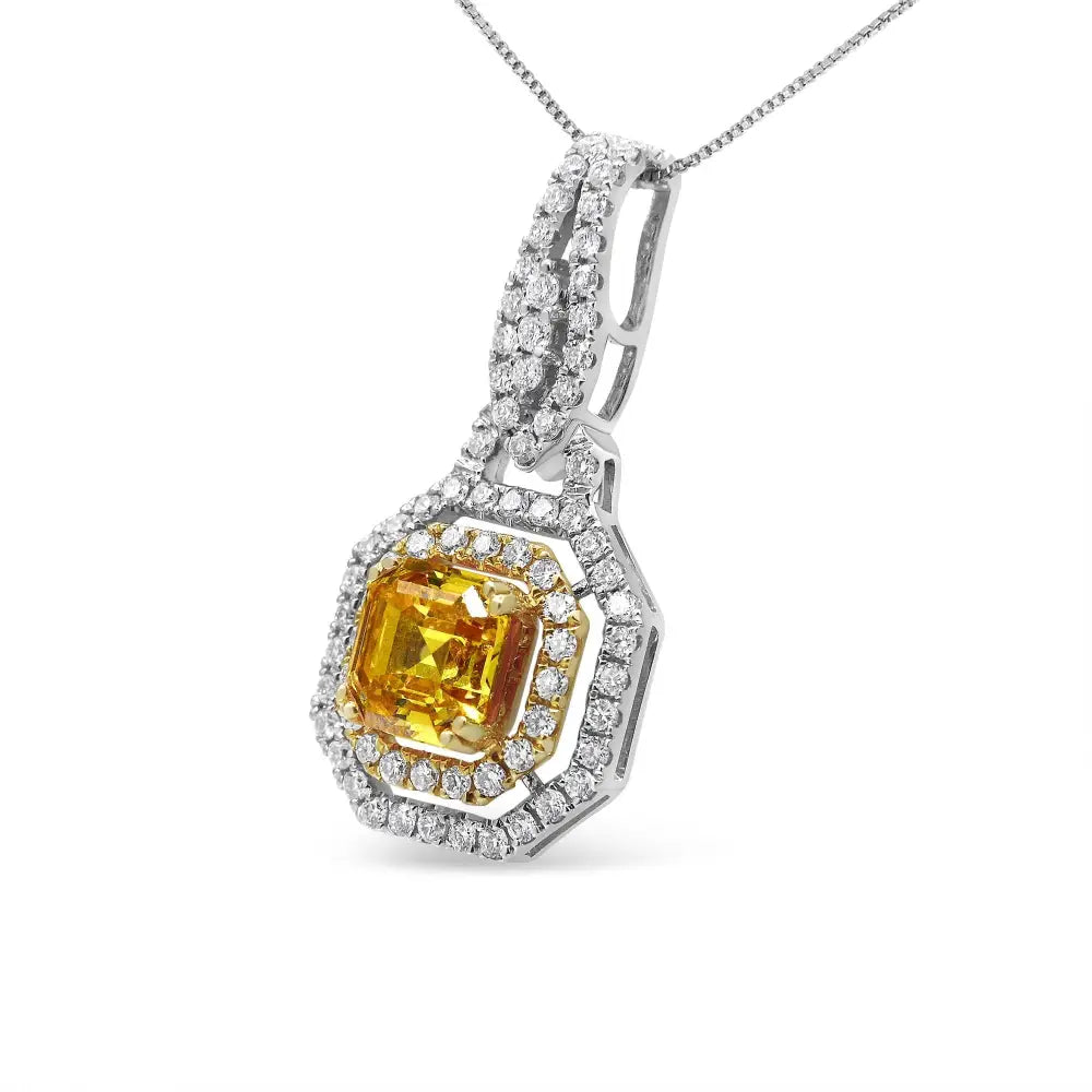 18k White and Yellow Gold 2 3/5 Cttw Lab Grown Asscher Diamond Double Framed Halo 18’’ Pendant Necklace (yellow/g-h