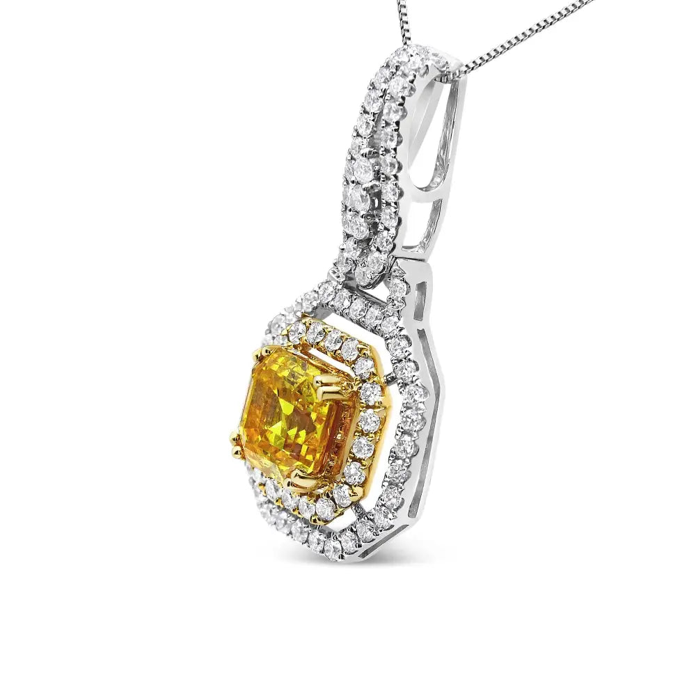 18k White and Yellow Gold 2 3/5 Cttw Lab Grown Asscher Diamond Double Framed Halo 18’’ Pendant Necklace (yellow/g-h