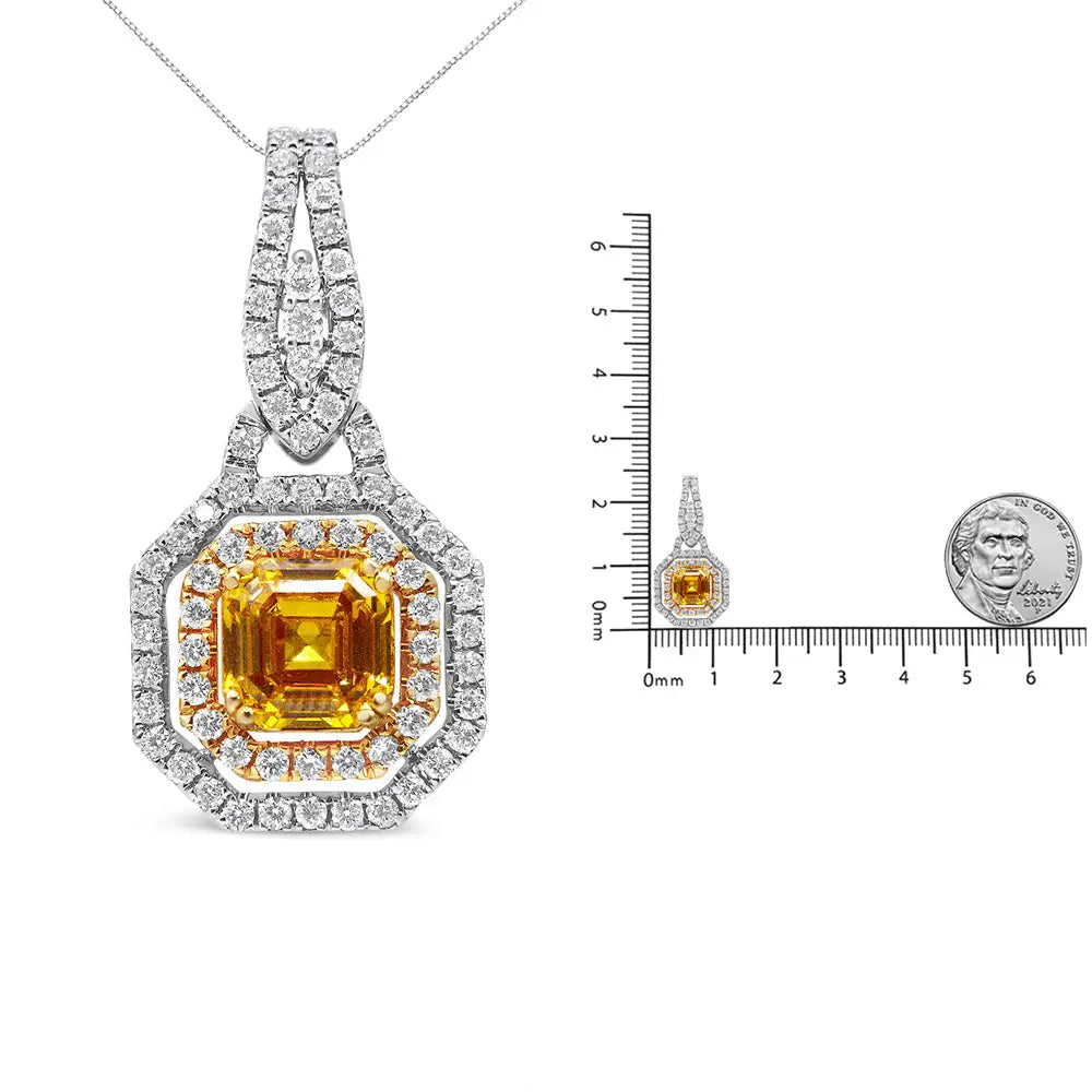 18k White and Yellow Gold 2 3/5 Cttw Lab Grown Asscher Diamond Double Framed Halo 18’’ Pendant Necklace (yellow/g-h