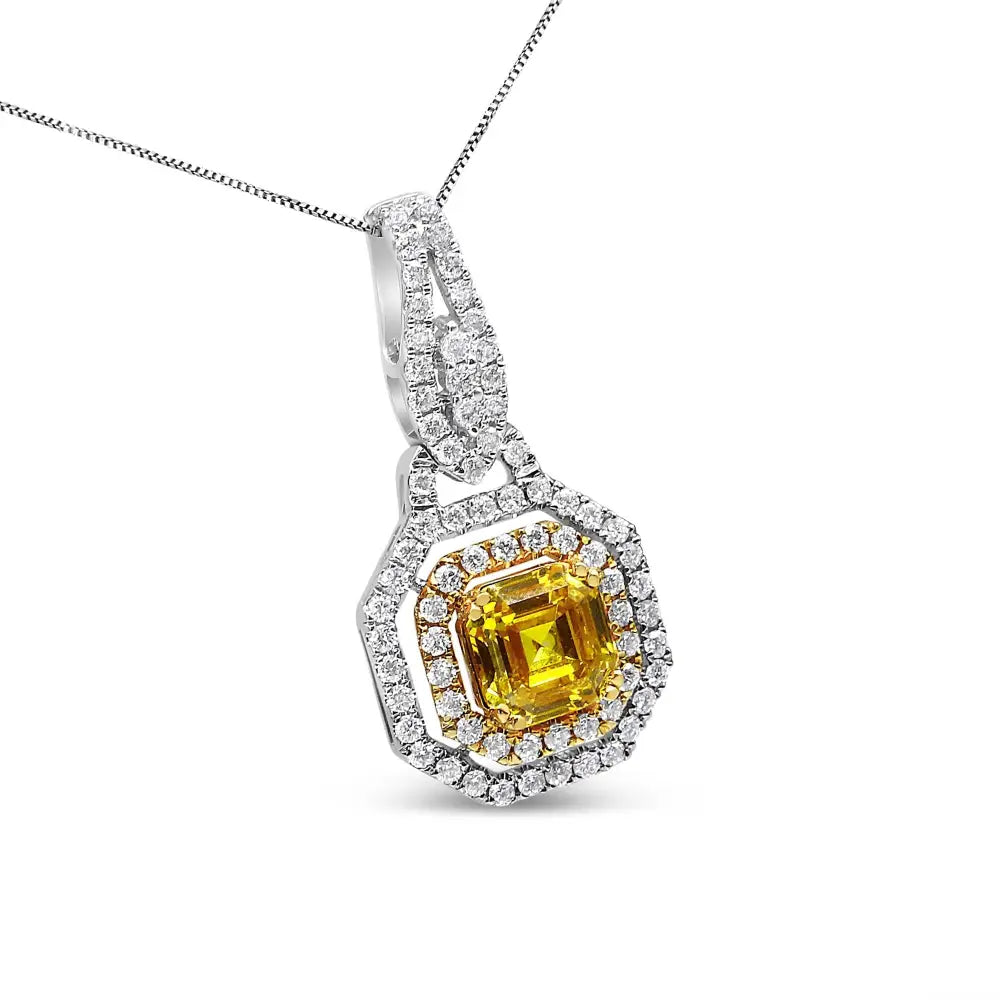 18k White and Yellow Gold 2 3/5 Cttw Lab Grown Asscher Diamond Double Framed Halo 18’’ Pendant Necklace (yellow/g-h