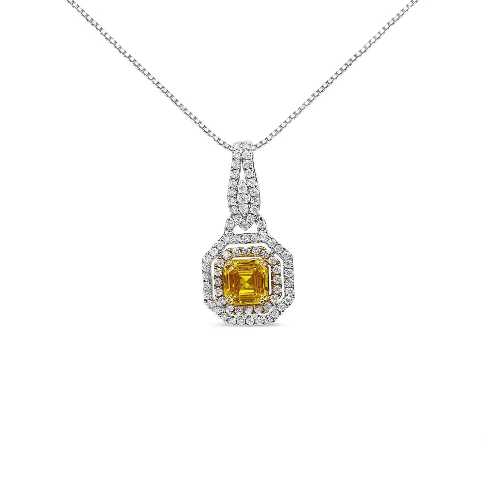 18k White and Yellow Gold 2 3/5 Cttw Lab Grown Asscher Diamond Double Framed Halo 18’’ Pendant Necklace (yellow/g-h