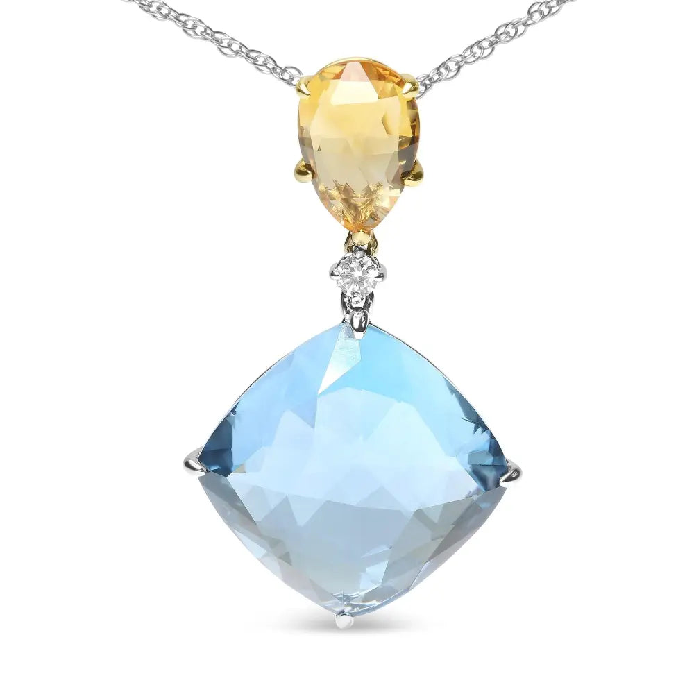 18k White and Yellow Gold Diamond Accent Citrine Sky Blue Topaz Gemstone Dangle Drop 18’’ Pendant Necklace (g-h