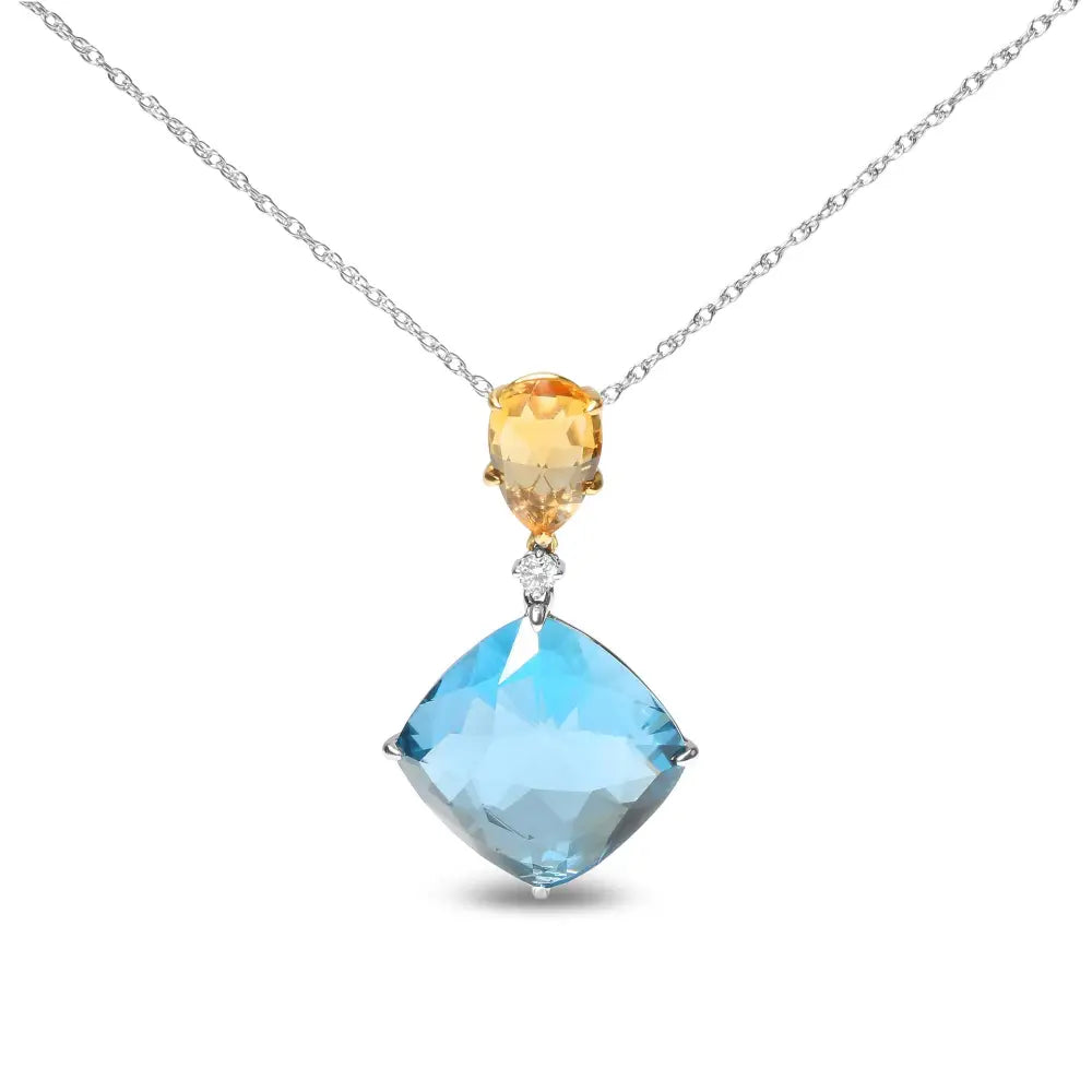 18k White and Yellow Gold Diamond Accent Citrine Sky Blue Topaz Gemstone Dangle Drop 18’’ Pendant Necklace (g-h