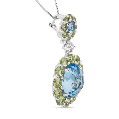 18k White Gold 0.05 Cttw Round Diamond and Blue Topaz Green Peridot Gemstone Halo Drop 18’’ Pendant Necklace (f-g